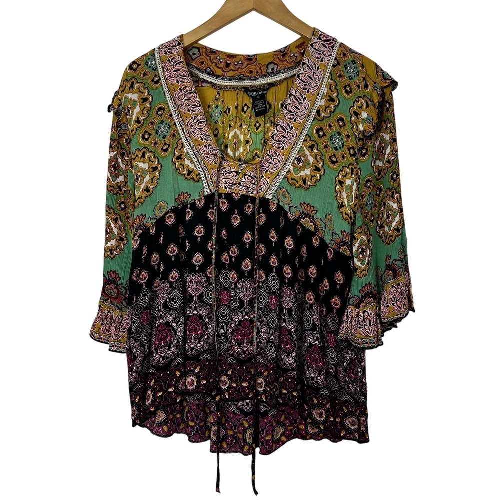 Millenium‎ Boho Top Womens Medium Festival Colorful Artsy Ruffle 3/4 Bell Sleeve